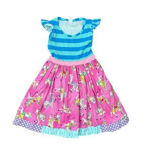 KPEA Girls Dress Size 8 Carnival Horses Blue Striped Pink Purple Twirl Dress